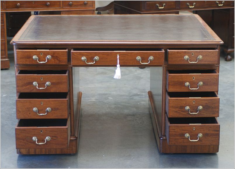 1013 Antique Victorian Mahogany 18 Drawer Partners Desk (8)